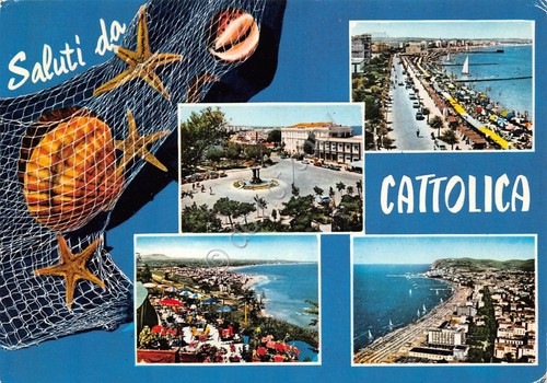Cartolina Cattolica vedute varie e reti pesca conchiglie 1972 (Rimini)