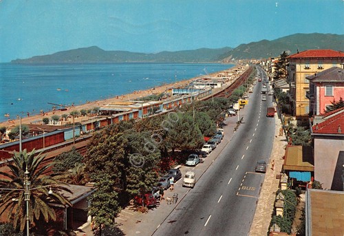 Cartolina Cavi Riviera di Levante viale strada stabilimenti auto anni …