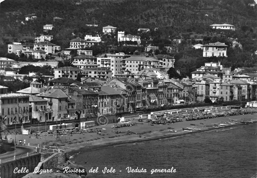 Cartolina Celle Ligure veduta paese dal mare ferrovia stabilimenti 1964