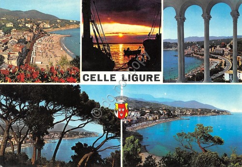 Cartolina Celle Ligure vedutine e tramonto (Savona)