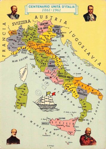 Cartolina Centenario Unità d'Italia mappa Cavour Garibaldi 1861 - 1961