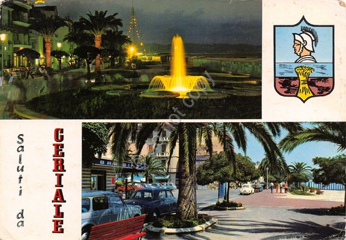 Cartolina Ceriale 2 vedute fontana bar (Savona)