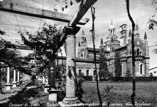 Cartolina Certosa di Pavia Abside pergolato alla Peschiera 1959