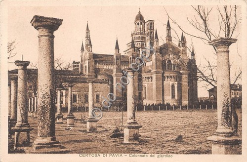 Cartolina Certosa di Pavia Giardino Colonnato