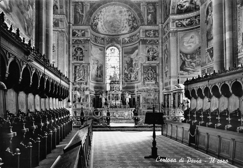 Cartolina Certosa di Pavia interno Coro