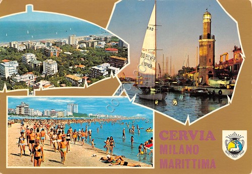 Cartolina Cervia Milano Marittima vedute varie faro panorama aereo spiaggia