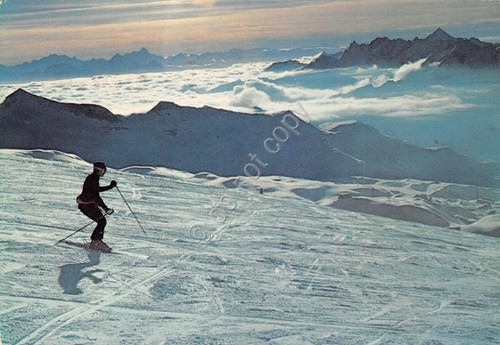 Cartolina Cervinia Breuil discesa invernale dal Teodulo