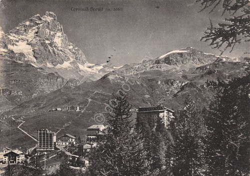 Cartolina Cervinia Breuil panorama parziale Timbro Buona Pasqua 1958