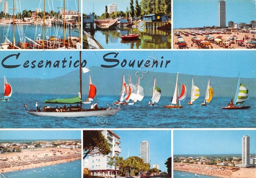 Cartolina Cesenatico vedute varie barca a vela spiaggia hotel anni …