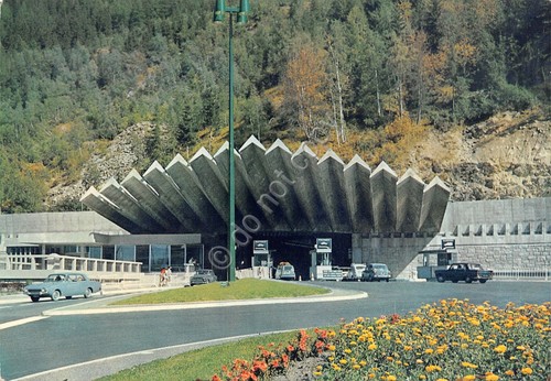 Cartolina Chamonix Pellerins entrata al tunnel auto d'epoca 1969