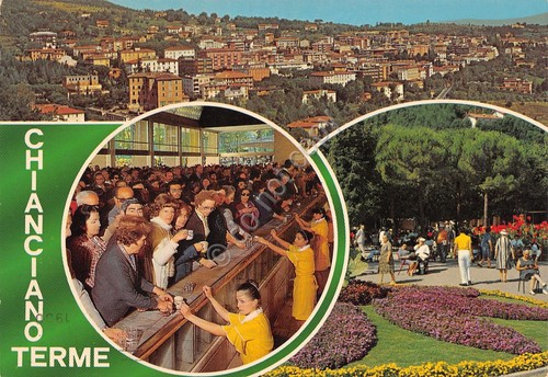 Cartolina Chianciano Terme cartolina grafica vedute paese terme animata 1980