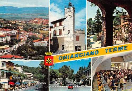 Cartolina Chianciano Terme vedute varie con stemma (Siena)