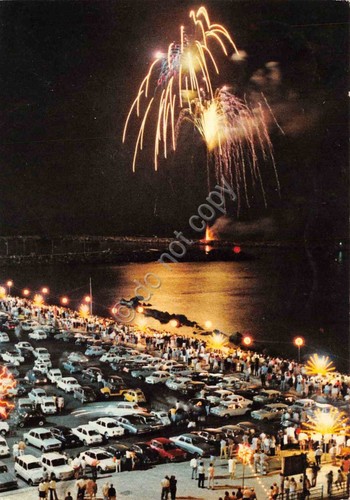 Cartolina Chiavari notturno fuochi artificiali festa su lungomare auto animata