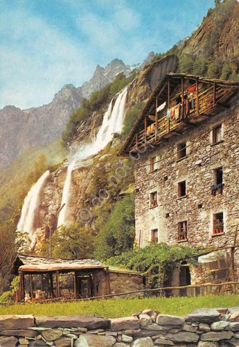 Cartolina Chiavenna Cascata dell'Acqua Fraggia casolare di zona anni '80