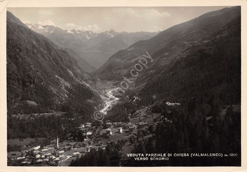 Cartolina Chiesa Valmalenco panorama verso Sondrio 1949