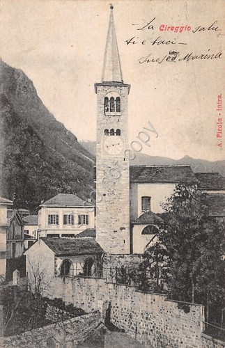 Cartolina Cireggio torre con orologio e orti 1909 circa Ed …