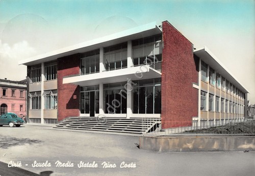 Cartolina Ciriè Scuola Media Statale Nino Costa colorata 1961
