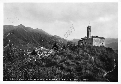Cartolina Clusone Panorama e chiesa del Monte Crosio 1956