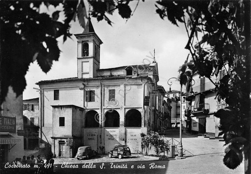 Cartolina Cocconato Chiesa S. Trinità Via Roma 1956