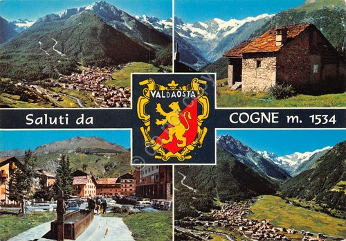 Cartolina Cogne 4 vedute panorama paese stemma (Aosta)