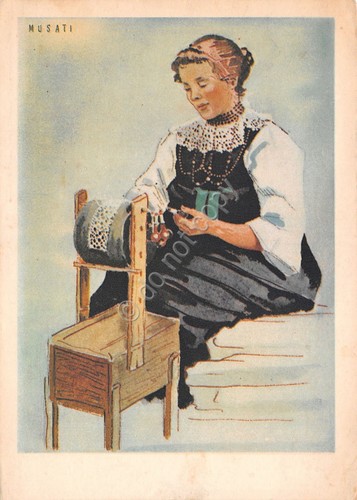 Cartolina Cogne Costumi Val d'Aosta illustrata Musati 1953 ingiallita