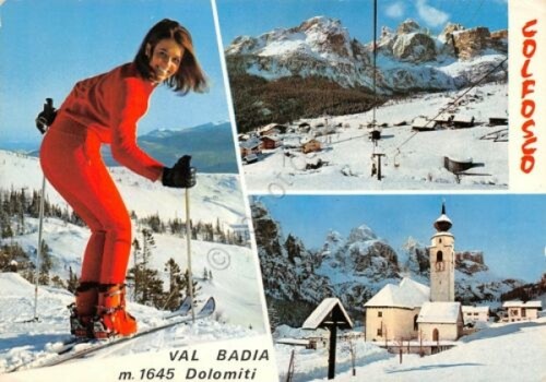 Cartolina Colfosco Val Badia vedute sci seggiovia animata 1946 (Bolzano)