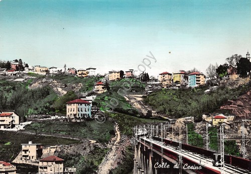 Cartolina Colle di Cesino panorama e ferrovia colorata