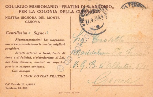 Cartolina Collegio Missionario Fratini S. Antonio per Colonia della Cirenaica