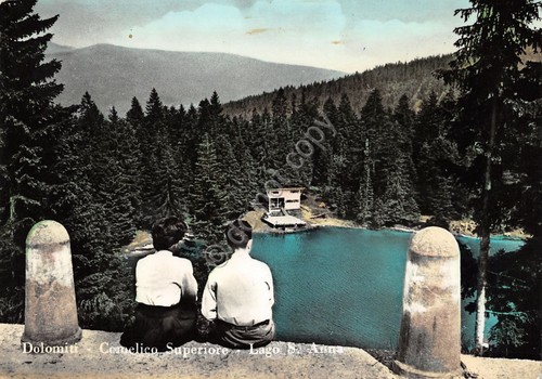 Cartolina Comelico Superiore Lago S. Anna animata colorata anni '50
