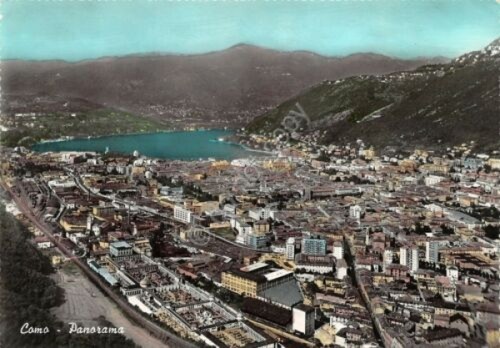 Cartolina Como panorama città dall'alto