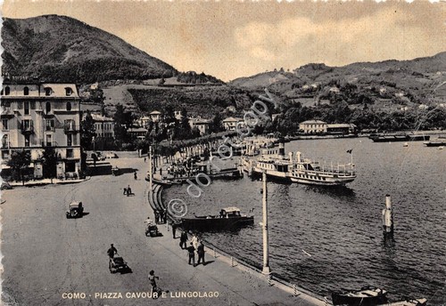 Cartolina Como Piazza Cavour lungolago barche animata 1953