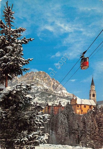 Cartolina Cortina d'Ampezzo scorcio paese chiesa funivia 1973