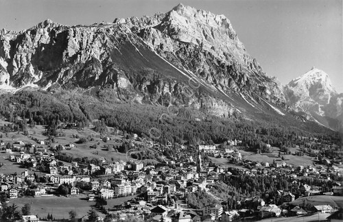 Cartolina Cortina panorama paese timbro Rifugio Monte Faloria 1953