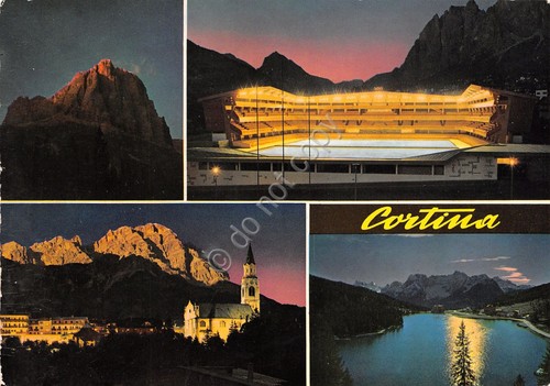 Cartolina Cortina vedute varie Stadio Olimpico del Ghiaccio timbro Notturno