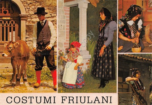 Cartolina Costumi tradizionali Friuli vedute varie con mucca