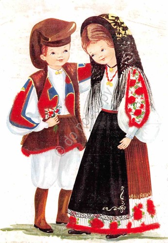 Cartolina Costumi Tradizionali Sardi coppia abiti con profili in tessuto