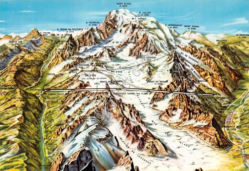 Cartolina Courmayeur Chamonix mappa massiccio Monte Bianco funivia e tunnel