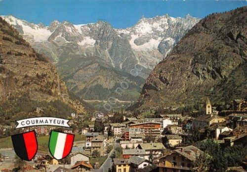 Cartolina Courmayeur panorama paese con stemma 1992 (Aosta)