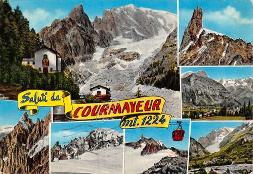 Cartolina Courmayeur vedute varie funivia Timbro Targhetta PT