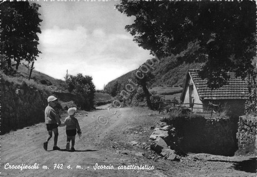 Cartolina Crocefieschi una strada animata 1957