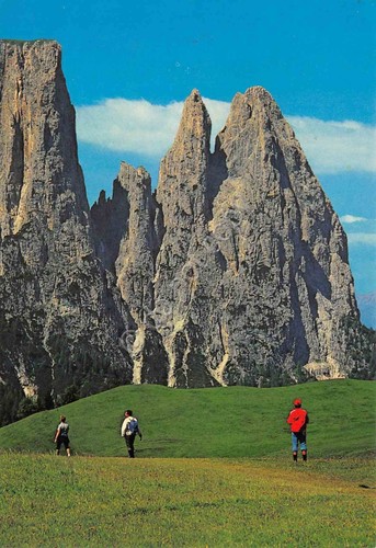 Cartolina Dolomiti Alpe di Siusi lo Scilar escursionisti animata anni …