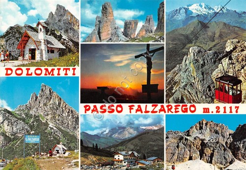 Cartolina Dolomiti Passo Falzarego vedute varie funivia timbro al retro