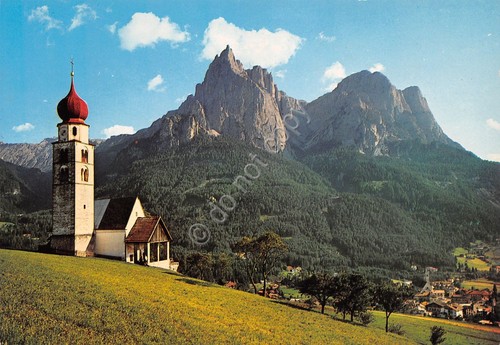 Cartolina Dolomiti Siusi Chiesa di S. Valentino verso lo Sciliar