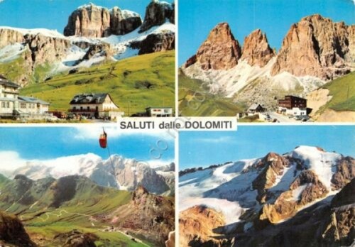 Cartolina Dolomiti vedute funivia Pordoi Sass Pordoi Sassolungo (Trento)