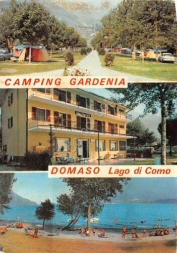 Cartolina Domaso Camping Gardenia vedute danneggiata (Como)