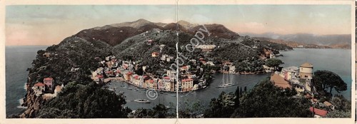 Cartolina doppia Portofino panorama baia 1955