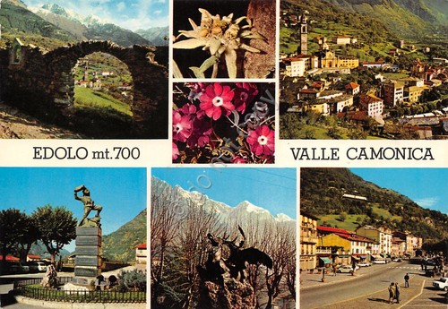 Cartolina Edolo Valle Camonica vedute varie e paese 1986 (Brescia)