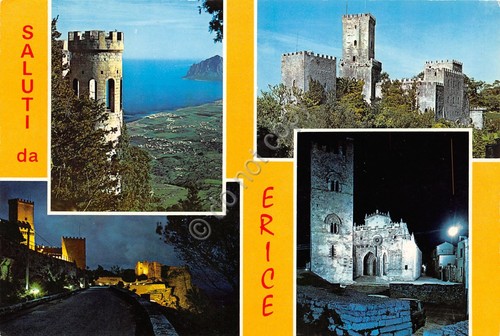Cartolina Erice vedute varie e notturno (Trapani)