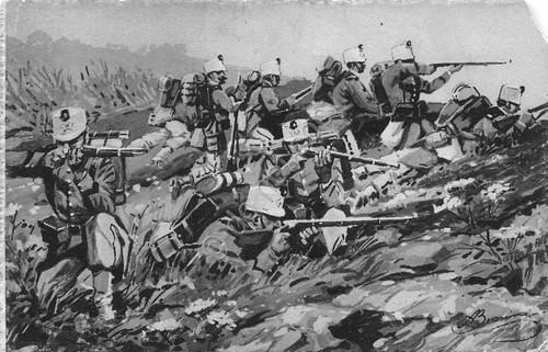 Cartolina Esercito Italiano Fanteria Fuoco 1909 danneggiata