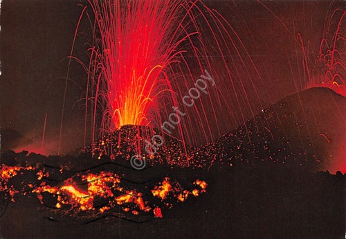 Cartolina Etna scoppio di due nuovi crateri colata lavica notturno